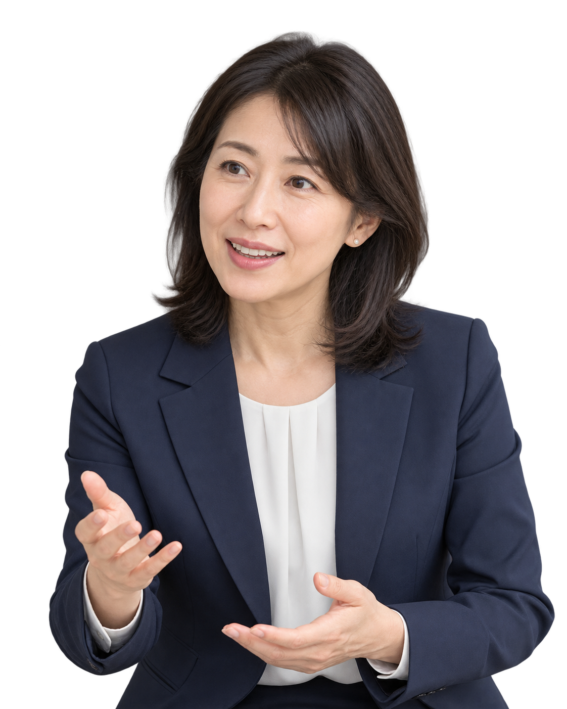 やさしく話を聞き、応じる女性。AIの秘書・相談役を表すイメージ