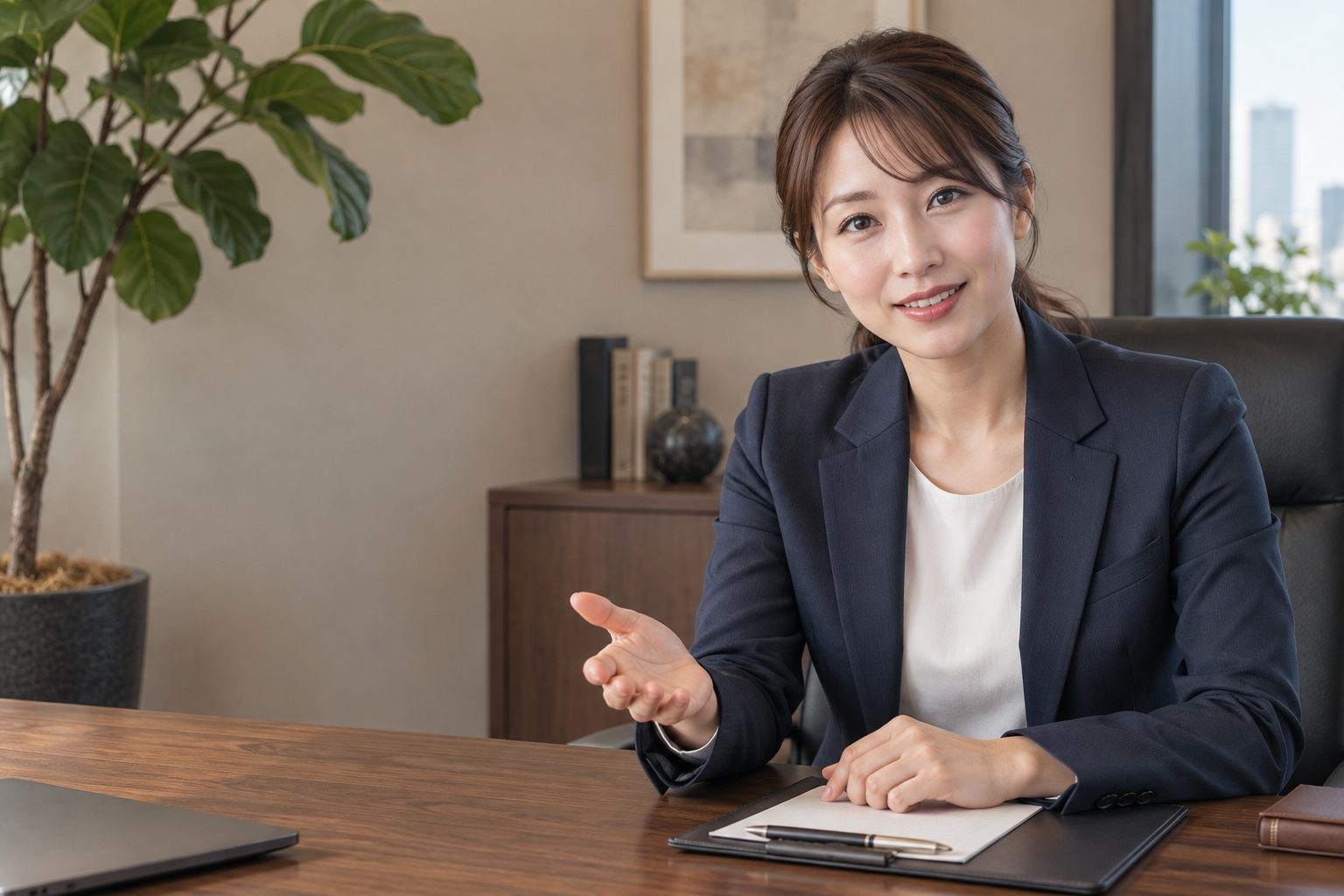 大きな観葉植物のある社長室で、若い女性秘書が親身に話しかける、AIの相談役のイメージ