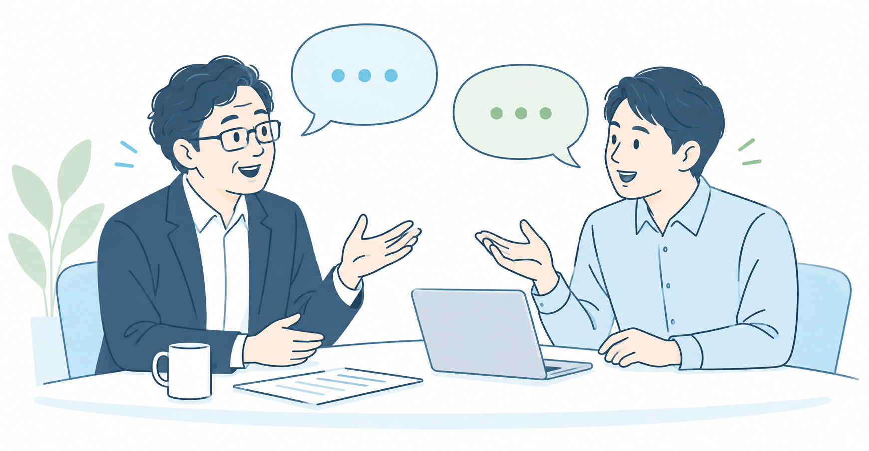 経営者と講師が向かい合い、身ぶりを交えて話し合う場面