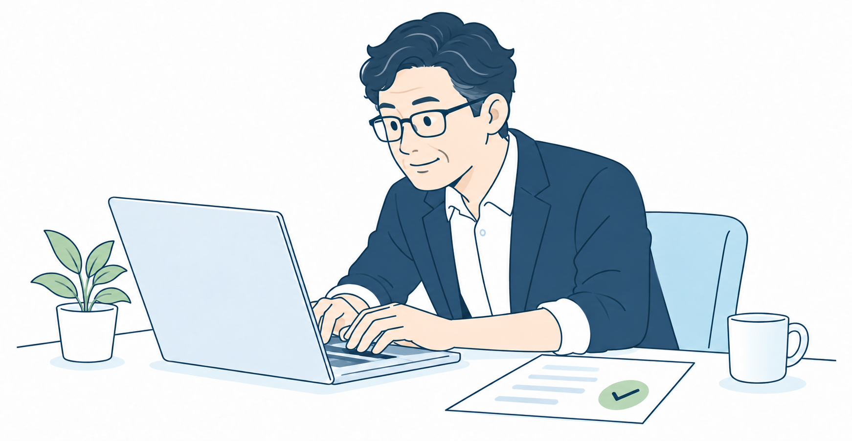 経営者が自ら前のめりにパソコンを操作し、仕事を進める場面